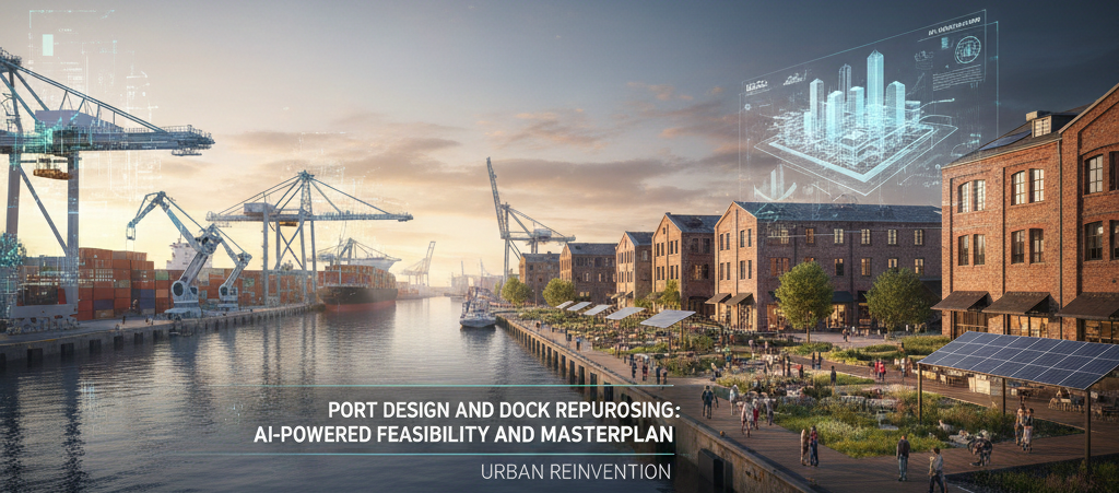 Aerial view of a port terminal with berths, logistics infrastructure, and waterfront development potential